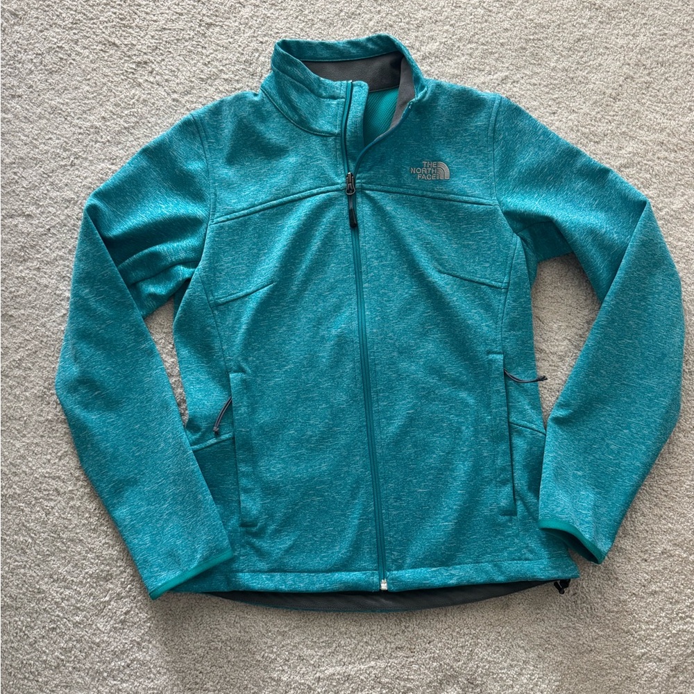 The North Face jacket, soft shell jacket, zip up front, like new. Teal, Small